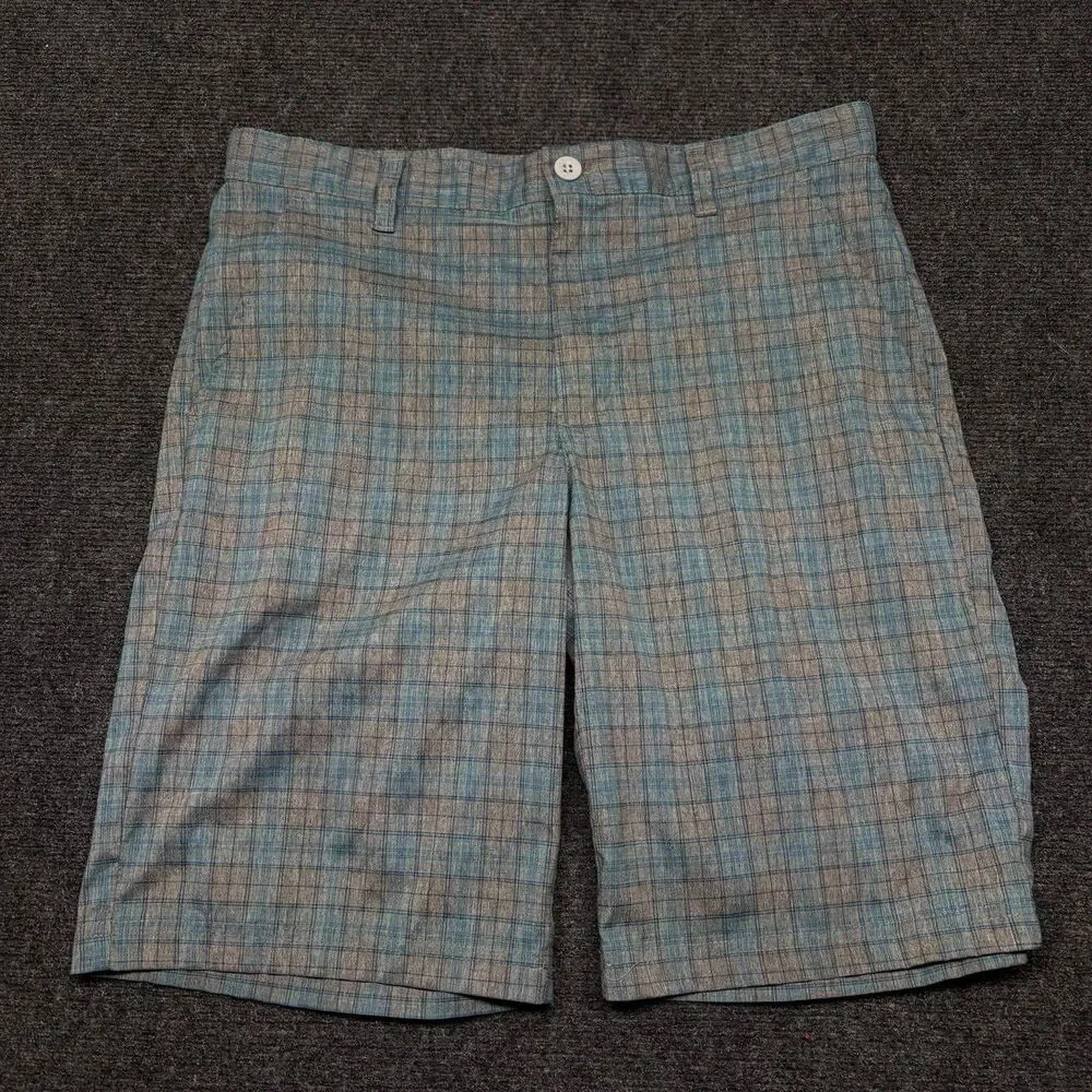 IZOD Golf Shorts Mens 33 Gray Teal Blue Plaid Check Straight Stretch Performance